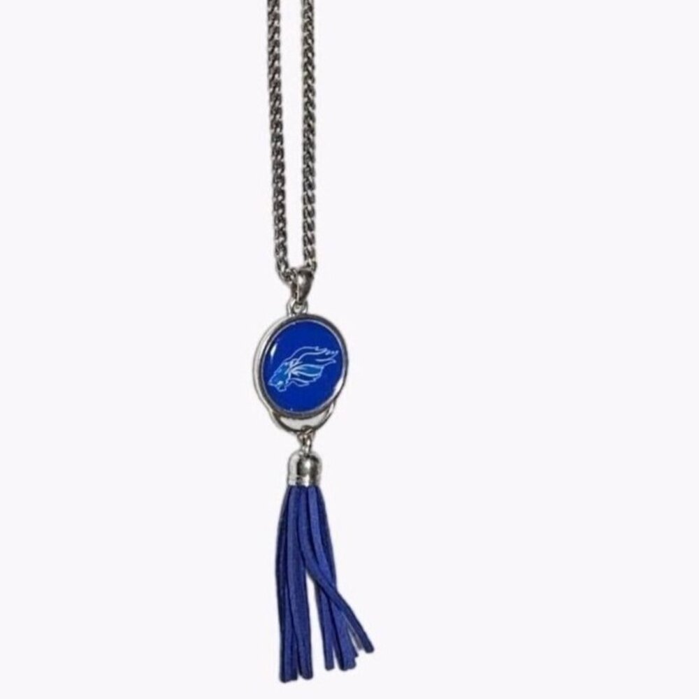 Blue Lion Pendant Necklace Leather Tassel Silver Tone Long Chain Fashion Jewelry